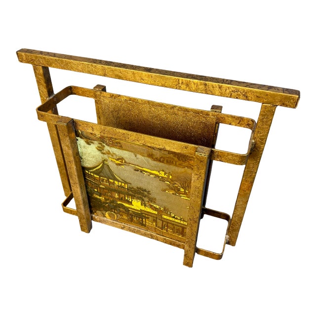 Mid 20th Century Hollywood Regency Italian Gold Gilt Magazine Rack With Chinoiserie Panels For Sale