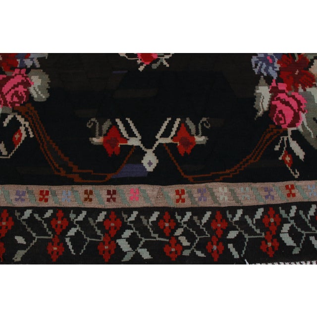 Mid Century Vintage Bessarabian Kilim Rug Black Red Floral Turkish Flat Weave For Sale In New York - Image 6 of 6