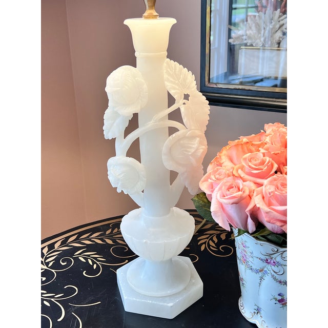 Vintage White Carved Alabaster Lamps - a Pair For Sale - Image 4 of 12