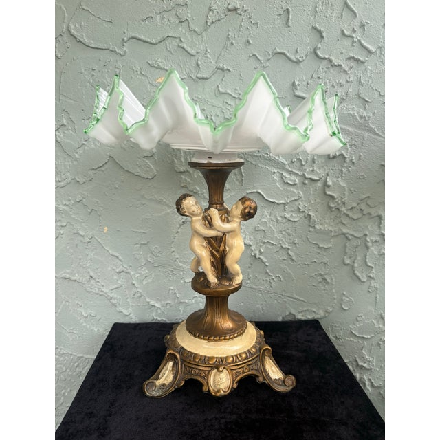 Victorian Vintage Bohemian Style Opal Glass Tazza With Green Trim on Cherub Pedestal Base For Sale - Image 3 of 12