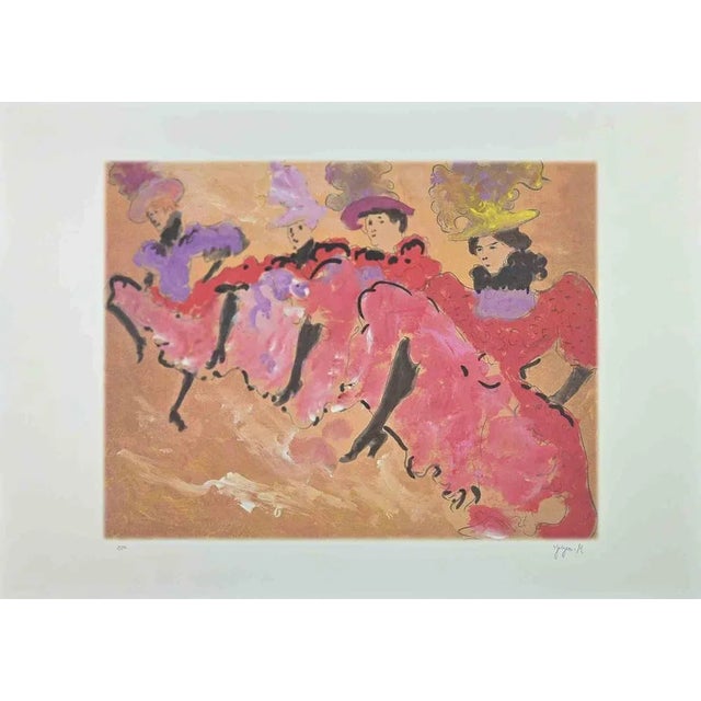 French Can-Can is an original colored lithograph realized by the Belgian artist Martine Goeyens. On the back, the label of...