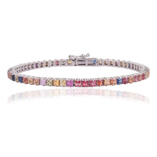 Carat&Her 7.23 Ct Square Cut Vibrant Multi Sapphire Tennis Bracelet in 925 Silver For Sale
