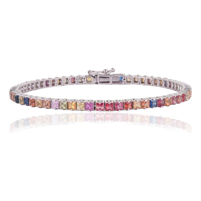 Carat&Her 7.23 Ct Square Cut Vibrant Multi Sapphire Tennis Bracelet in 925 Silver For Sale