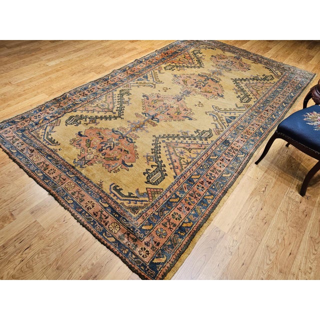 Vintage Turkish Oushak Rug, Geometric Pattern, Pale Yellow & Pink, 7' X 12' For Sale - Image 12 of 18