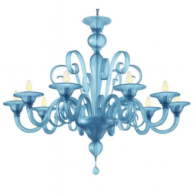 Contemporary lively chandelier in Blue-satin Murano glass. Pop Murano glass chandelier in deco style decorated in lively...