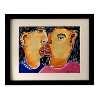 “The Kiss” Abstract Double-Portrait Painting by Jesus Zamarron, Framed For Sale