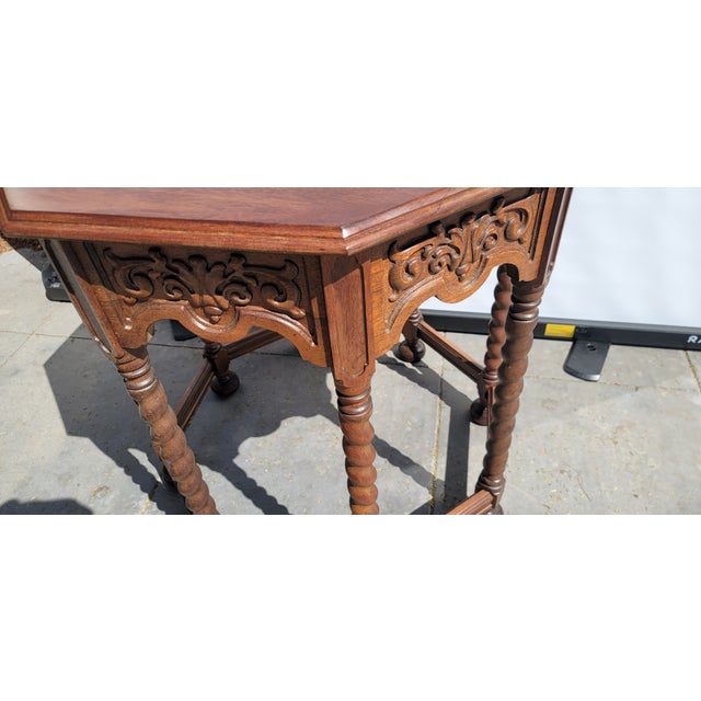 1920s Antique Spanish Revival Octangle Table Large Walnut Barley Twist Legs For Sale - Image 4 of 6