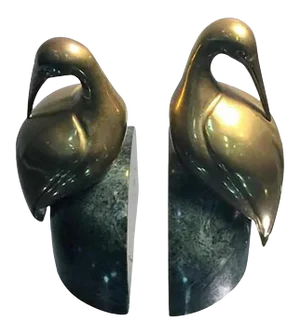 Mid 20th Century Brass Egret on Solid Deep Green Marble Bookends - a Pair
