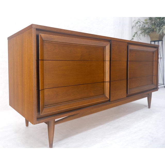 Mid-Century Modern Mid Century Modern Sculpted Walnut 68" Long 9 Drawers Dresser Credenza MINT For Sale - Image 3 of 13