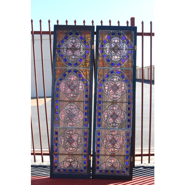 Antique Victorian Gothic Hand-Painted Stained Glass Windows in Wood Frames, Circa 1900 – Pair For Sale - Image 10 of 18