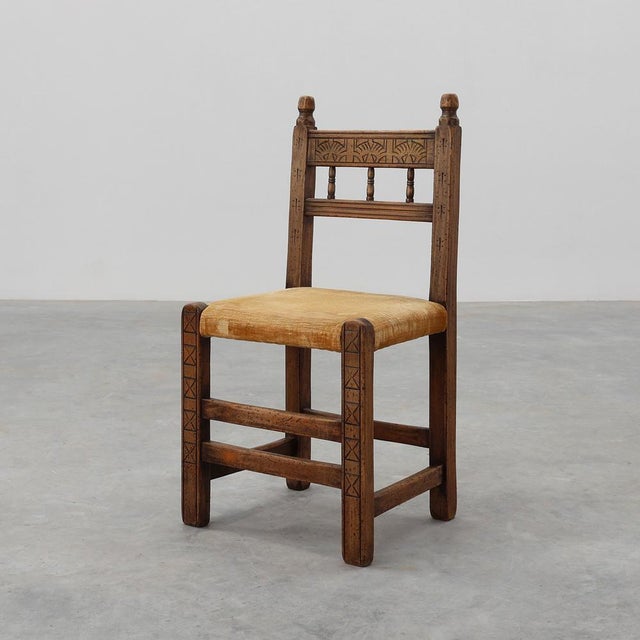 Spanish Hand-Carved Oak Side Chair with Velour Seat, 19th Century For Sale - Image 14 of 14