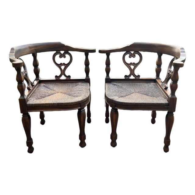Mid 20th Century Pair of Rustic Colonial Style Carved Oak Corner Chairs For Sale
