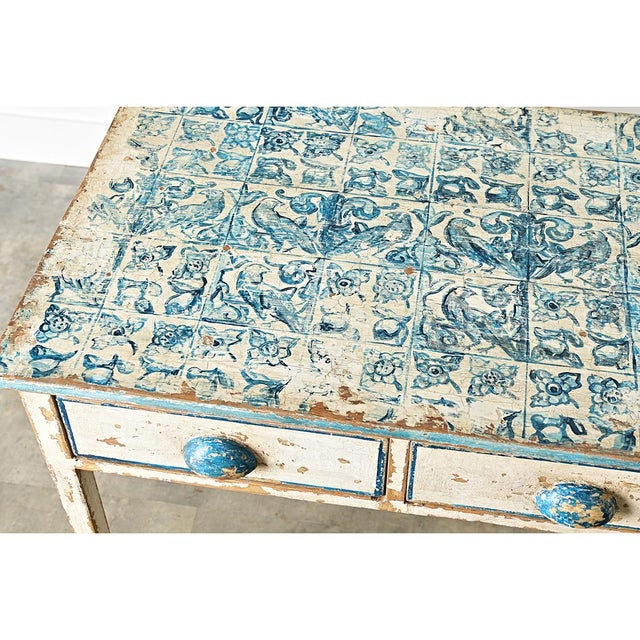 English Pine Work Table With Faux Delft Tile Painted Top For Sale - Image 10 of 12