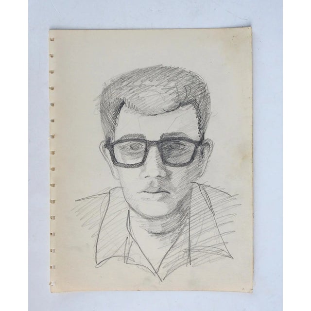 Vintage mid 20th century pencil on paper portrait drawing of man in heavy dark framed glasses. Unsigned. Unframed, age...