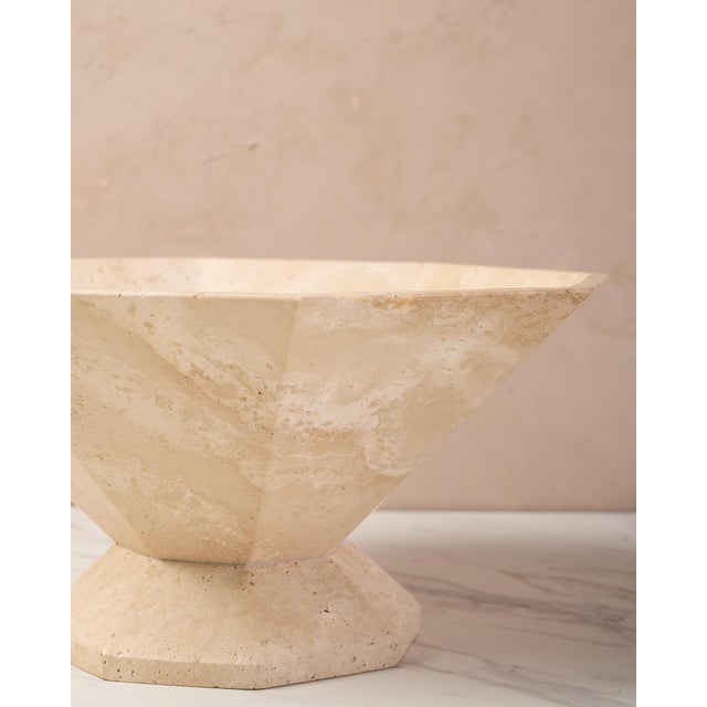 "Lane Hex" Decorative Pedestal Bowl by Montana Labelle in Natural Travertine Marble For Sale In Baltimore - Image 6 of 11