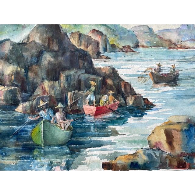 1960s L Hirsch Watercolor Marine Painting Signed Paper Gouache Fisherman Boats For Sale - Image 5 of 8