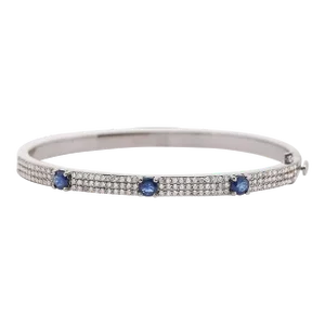 14k White Gold Diamond and Blue Sapphire Pave Bangle Bracelet