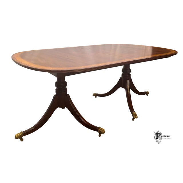 Vintage Traditional Federal Style Mahogany & Satinwood Banded Extension Dining Table For Sale - Image 10 of 12