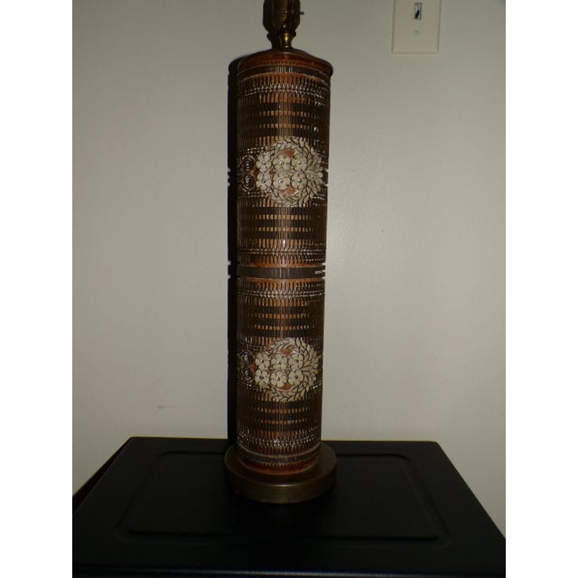 Brown Vintage Pair Wallpaper Printing Roller Table Lamps Antique Roller Cylinder Lamps For Sale - Image 8 of 16