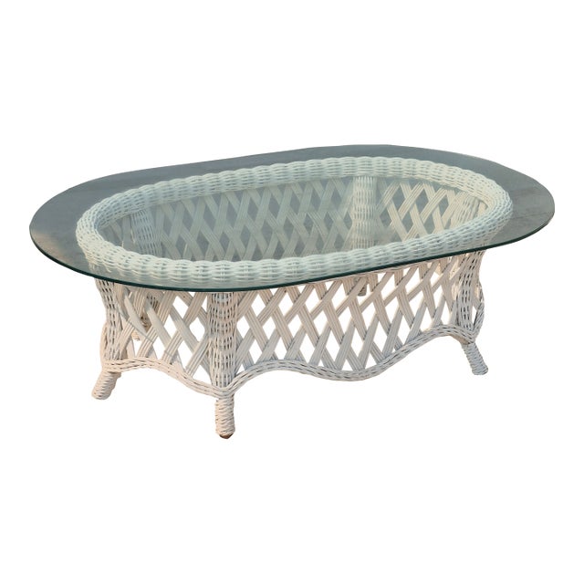 Late 20th Century Vintage White Wicker Oval Coffee Table W/ Glass Top For Sale