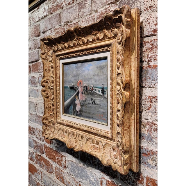 Blue Francois Gall -Elegant Woman W/Parasol & Her Two Girls at the Pier-Oil Painting For Sale - Image 8 of 10