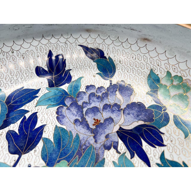 Late 20th Century Large Cloisonné Floral Bowl With Peony Motif on Carved Wood Stand — Chinoiserie / Asian Traditional For Sale - Image 5 of 18