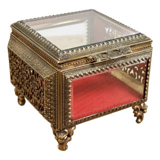 Vintage Ormolu Brass Beveled Glass Jewelry Casket For Sale