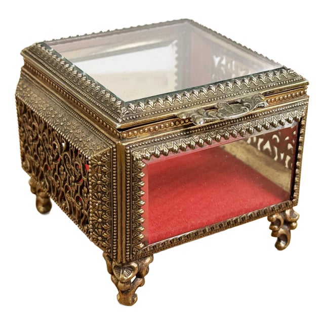 Vintage Ormolu Brass Beveled Glass Jewelry Casket For Sale