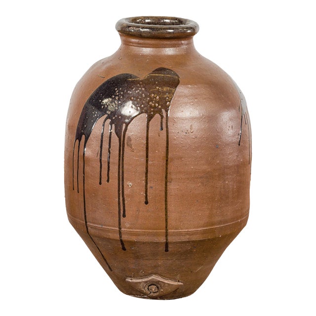 Japanese Taishō 1900s Tamba Tachikui Ware Brown Jar with Spout and Drip Glaze For Sale