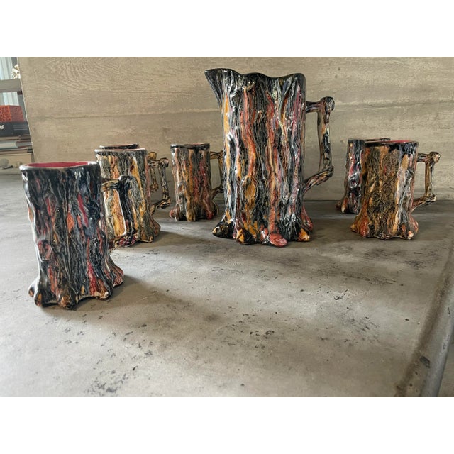 Canary Yellow Vintage Faux Bois Majolica Pitcher & Mug Set- 7 Pieces For Sale - Image 8 of 13