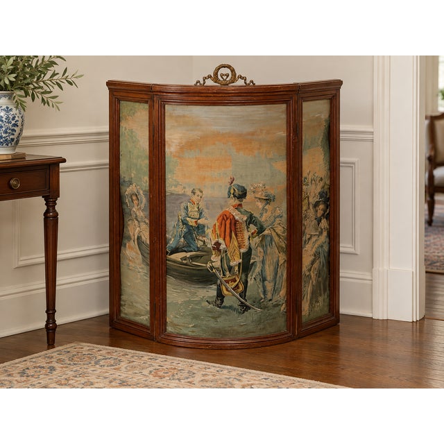 19th Century Napoleon III Style Three-Panel Painted Canvas Fireplace Screen For Sale In Dallas - Image 6 of 15