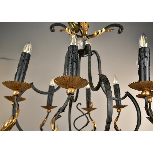 Vintage Italian Black and Gilt Tole Eight Light Chandelier For Sale - Image 12 of 12