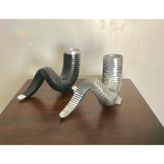 Metal Black and Silver Color Metal Ram Horn Candle Holders - a Pair For Sale - Image 7 of 8