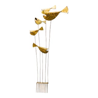 DeGroot Brutalist Mid-Century Modern Mixed Metal Brass Copper Iron Kinetic 5 Fish Sculpture For Sale