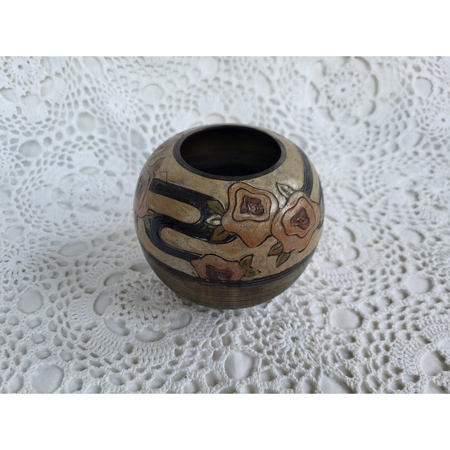 Metal Brass Cloisonné Floral & Striped Vase For Sale - Image 7 of 7