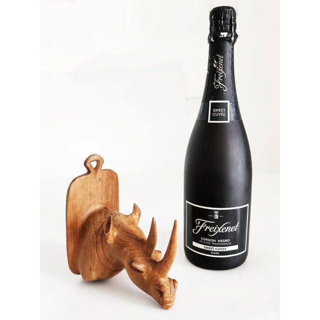 Wood Vintage Hand Carved Teak Wood Rhinoceros Head Wall Plaque For Sale - Image 7 of 10