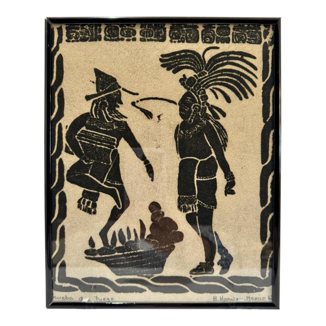 Mid 20th Century Signed Mexican Framed Mayan Ceremonial Scene "Prueba Al Fuego" B. Harvey Mexico Folk Art For Sale