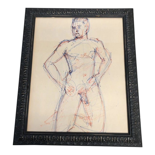 Original Male Nude Colored Ink Study Drawing Mid Century For Sale