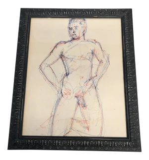 Original Male Nude Colored Ink Study Drawing Mid Century
