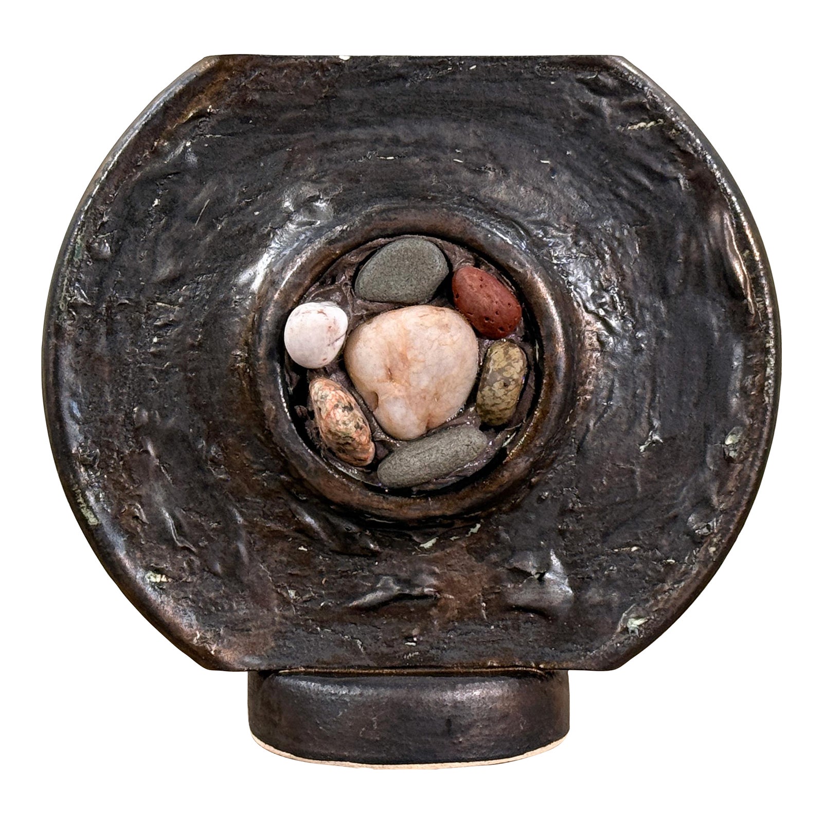 Canadian Studio Art Pottery Raku Stone Inset Ceramic Vase by Tim Isaac