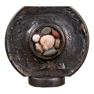 Canadian Studio Art Pottery Raku Stone Inset Ceramic Vase by Tim Isaac For Sale