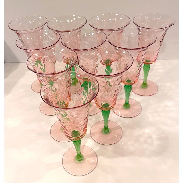 Art Deco Early 20th Century Pink, Green Watermelon Glass Stemware Wine Glasses Water Goblets- Set of 10 For Sale - Image 3 of 9