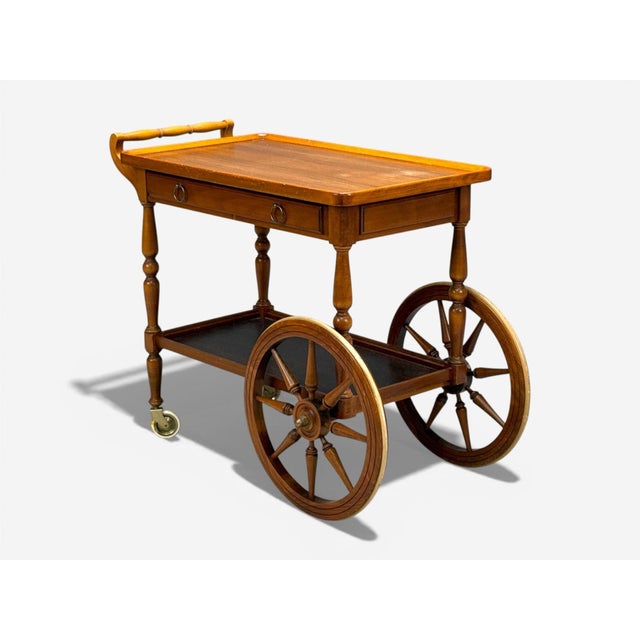 Swedish Modern, Rolling Bar Cart, Wood, Brass, Sweden, 1970s For Sale - Image 4 of 14