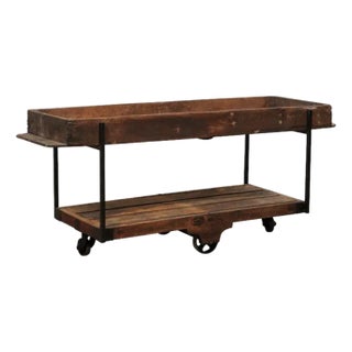 Two-Tiered Table Created With 19th Century Spanish Baker's Shelves, Rolls on Wheels For Sale