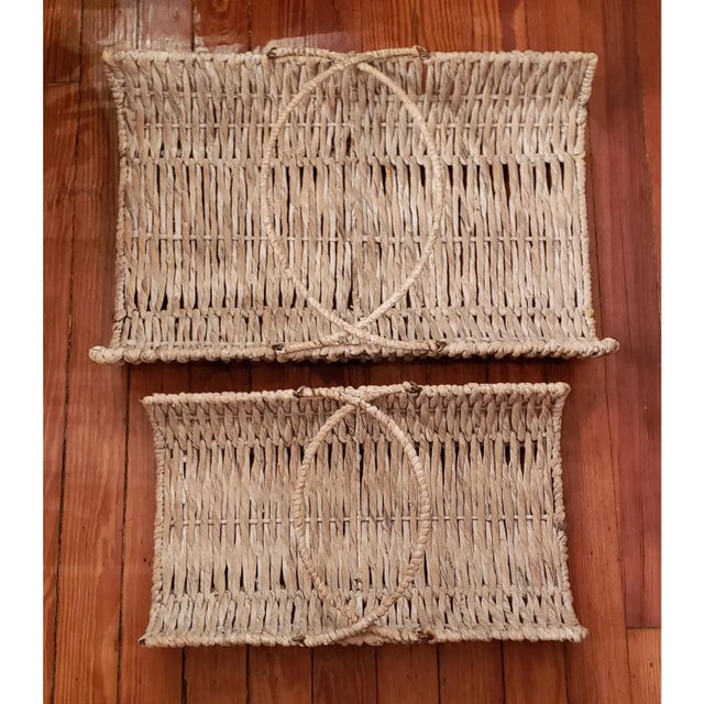 Wood 2 Unique Vintage Aged Extra Large Whitewashed Wicker Baskets With Heavy Gauge Metal Framing. For Sale - Image 7 of 7