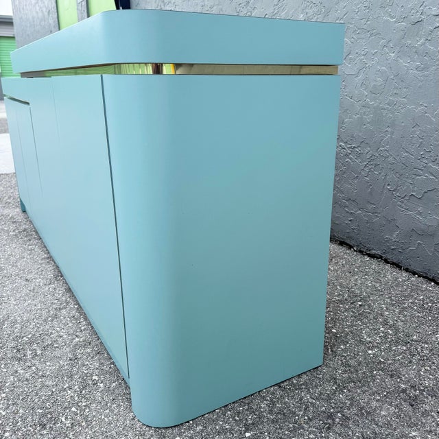 1980s Postmodern Sky Blue Matte Laminate Credenza With Gold Accent For Sale - Image 5 of 9