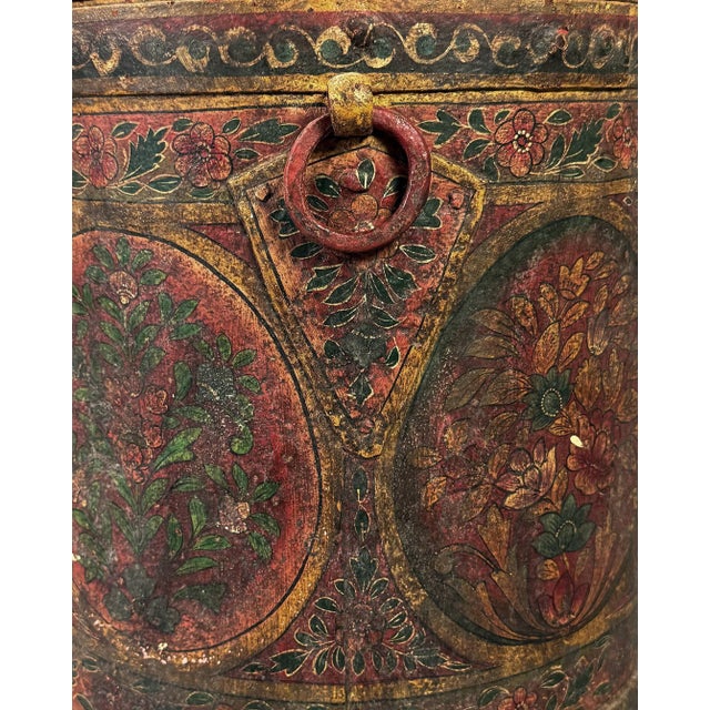 Traditional Antique Indonesian Handcrafted Metal Storage Vessel With Hand-Painted Floral Cartouches & Ornamental Hardware For Sale - Image 3 of 18