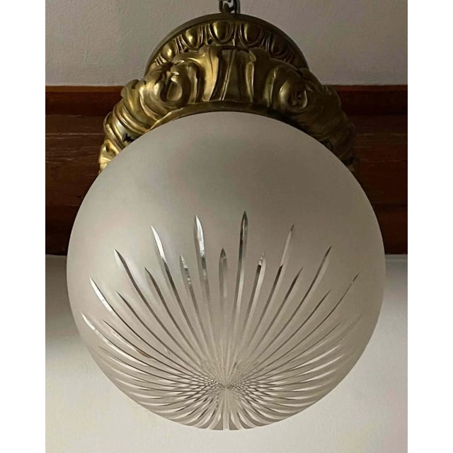 Flush Mount Ceiling Light Antique Cast Bronze With Etched Glass Globe Shade For Sale - Image 4 of 4
