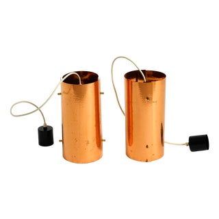 Mid-Century Tube Pendant Lamps with Two Copper Shades, 1950s, Set of 2 For Sale