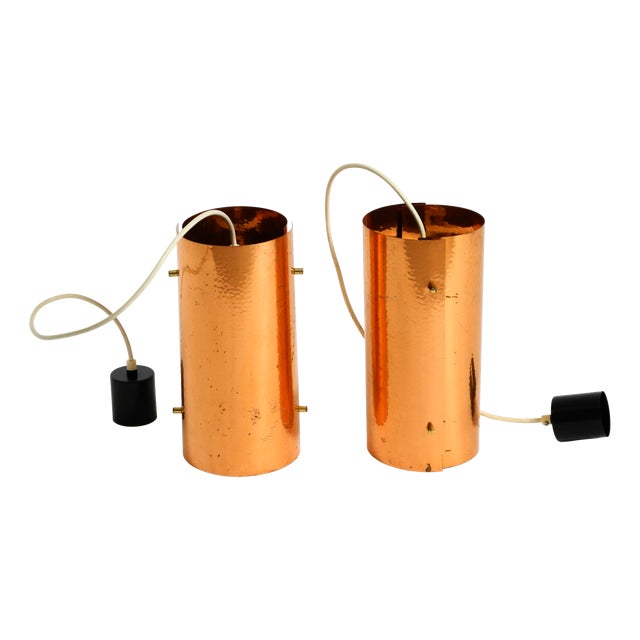 Mid-Century Tube Pendant Lamps with Two Copper Shades, 1950s, Set of 2 For Sale